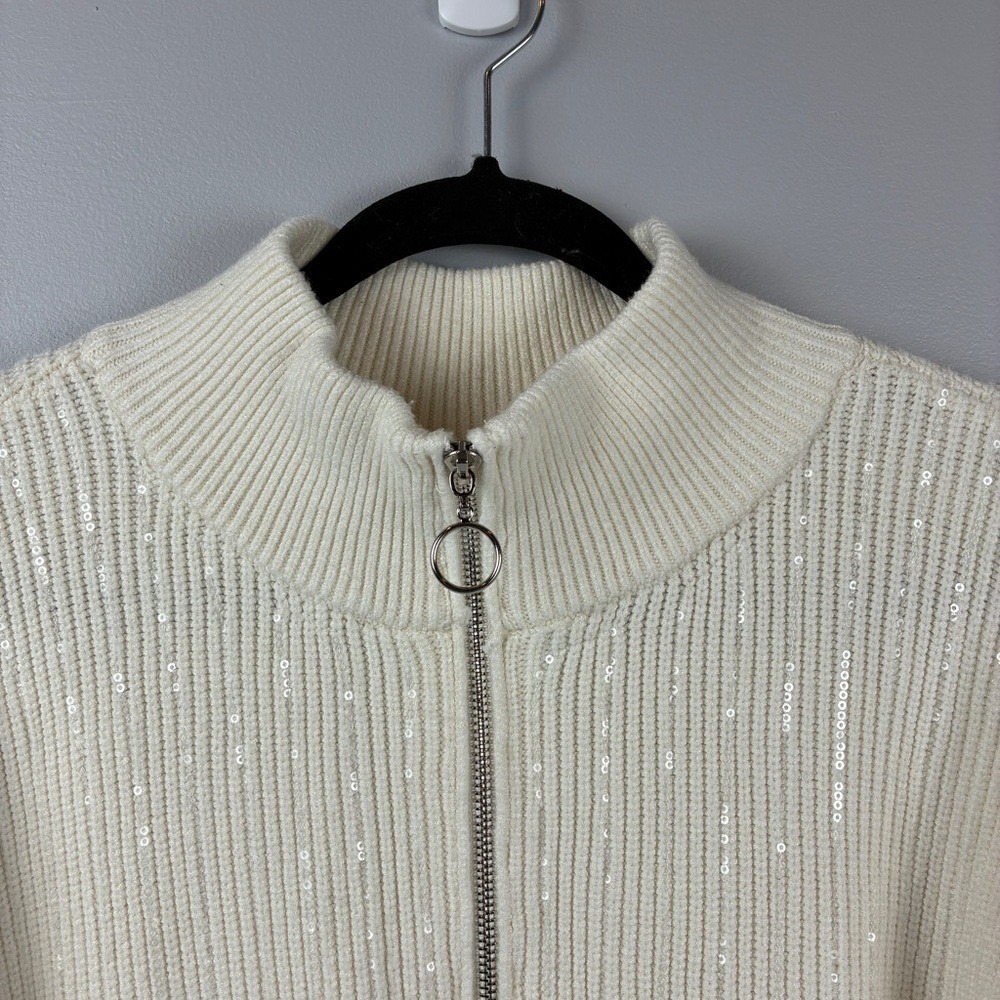 Nine West Half Zip XL Cream Rayon Knit Preppy Chic Sequin Sparkle Ribbed Sweater - Picture 6 of 11